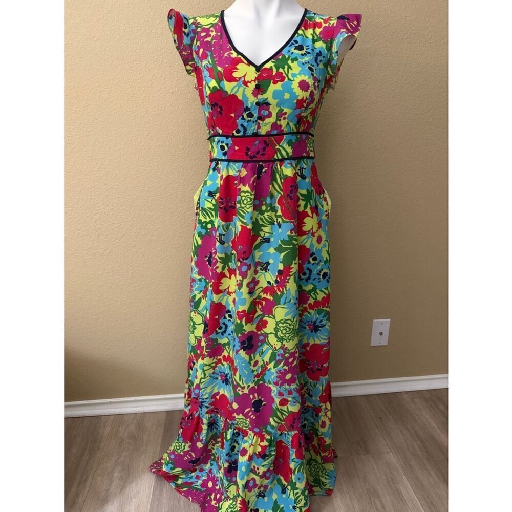 ModCloth Neon Floral V‑Neck Maxi Dress in Pink, Blue, Green, Yellow